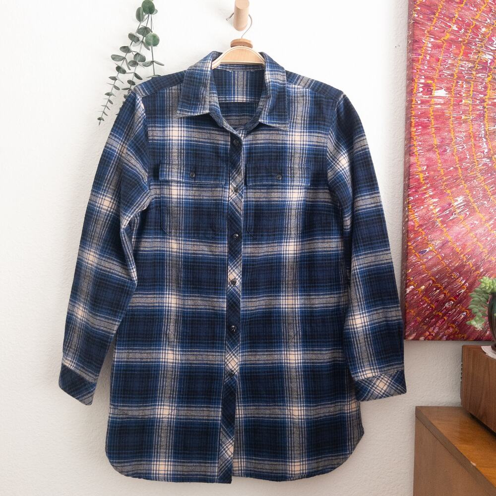 L.L. Bean Navy and Cream Checkered Blouse